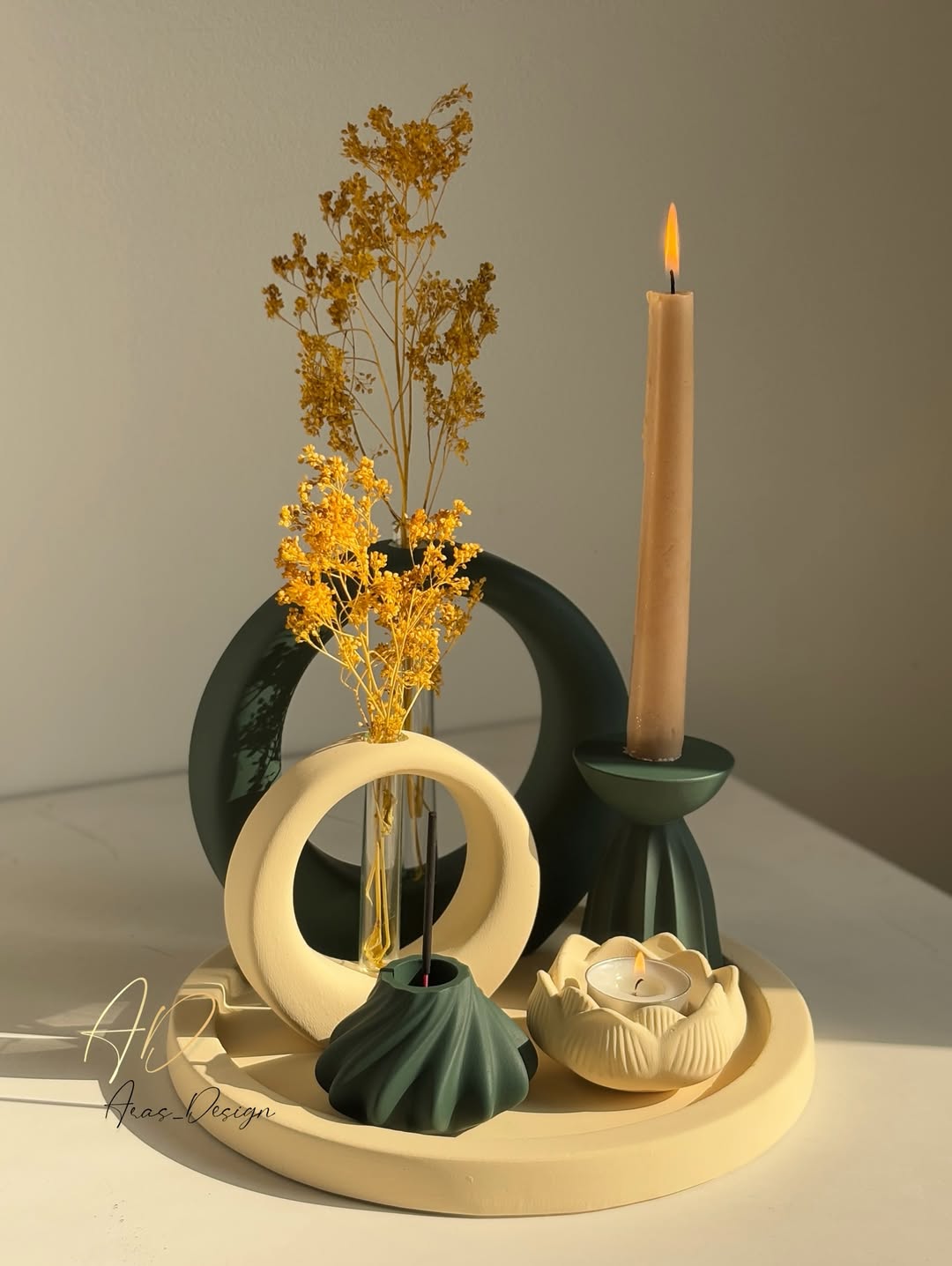 ست دکوری و تزیینی جلو مبلی سینی کرم-سبز زمرد